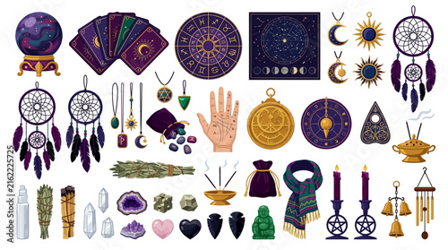 Obraz na plátne Mystical occult collection with tarot cards and crystals