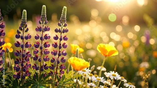 Beautiful colorful wildflowers swaying in a sunny meadow at sunset with golden sunlight and soft bokeh background
