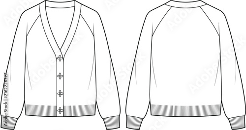 V Neck Cardigan Technical Fashion Flat Sketch Front and Back View with Raglan Sleeves.