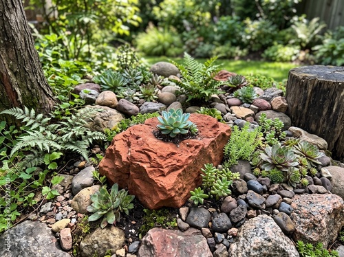 A small rosette succulent sits atop a large red rock in a beautifully landscaped rock garden surrounded by greenery.