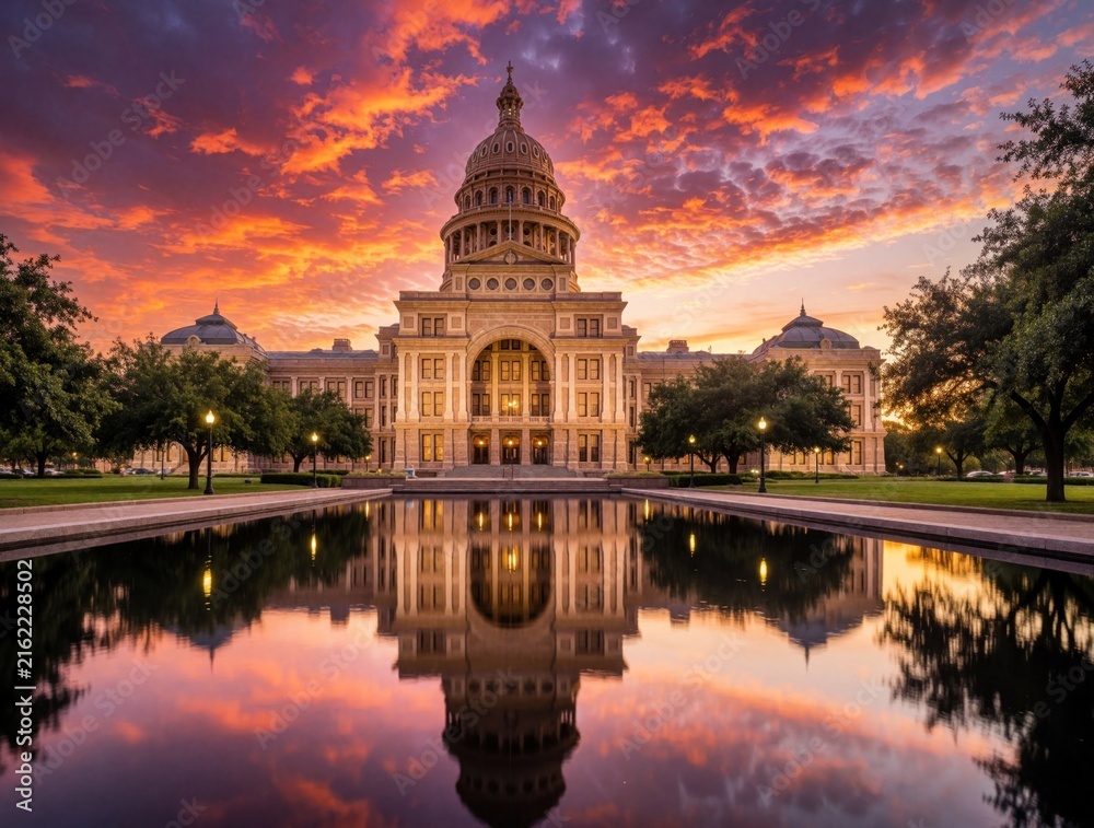 Obraz premium Surreal Texas Capitol Building in Austin under dramatic sunset sky. Dreamlike architecture shows golden dome, grand structure reflected in calm water pool. Colorful orange clouds create fantasy