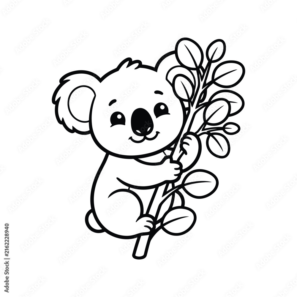 Fototapeta premium Cute Baby Koala Hugging a Tree Branch with Leaves, Adorable Australian Animal Coloring Page for Kids