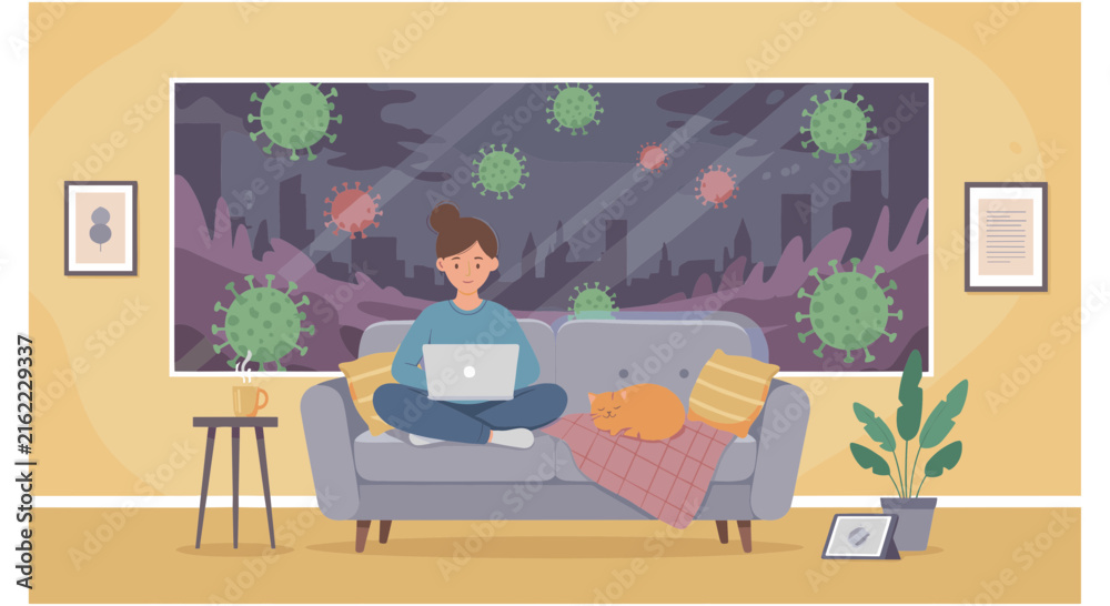 Fototapeta premium Person working on a laptop while sitting on a couch with a cat as menacing virus cells loom over a cityscape seen through a large window in the background.