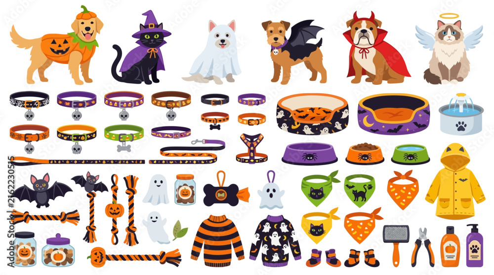 Obraz premium Halloween pet accessories collection, cute dogs and cats in spooky costumes, pet supply vector set for holiday marketing