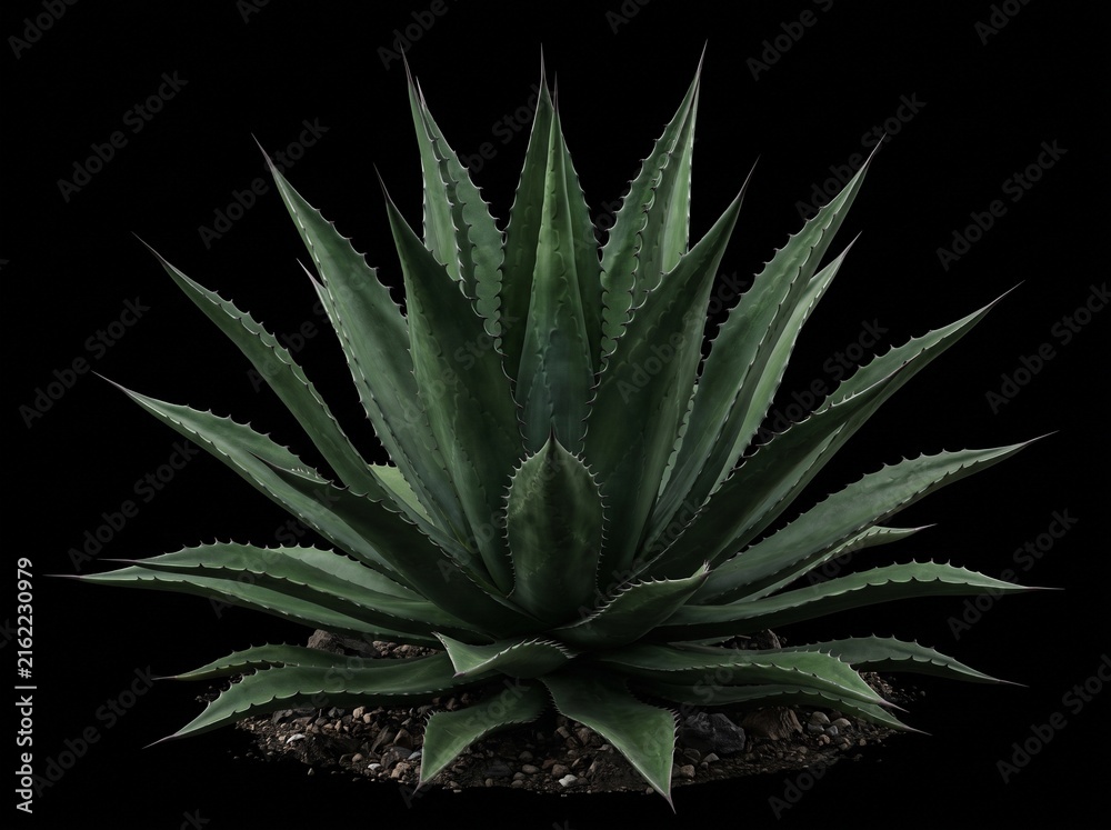 Fototapeta premium Sharp spiky green agave plant growing in dark rocky soil isolated against a solid black background.