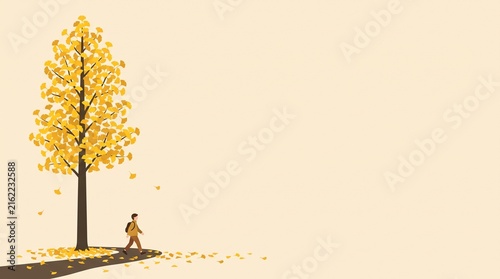 イチョウの木の下を歩く秋の散歩と紅葉狩り