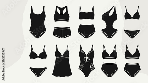 Bild auf Leinwand Women swimwear lingerie silhouette vector icon set flat fashion black design