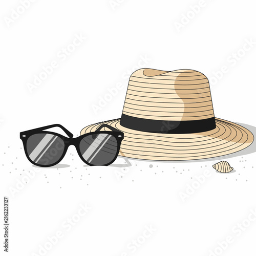 Summer Beach Hat and Sunglasses on Sandy Shore.