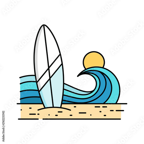 Surfboard Standing on Sandy Beach with Ocean Waves and Sun.