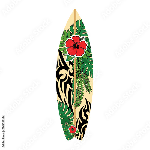 Tropical surfboard with vibrant hibiscus and tribal patterns.