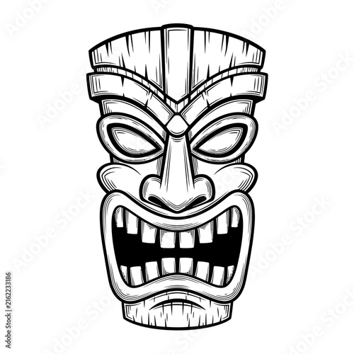 Tiki Mask Illustration Fierce Expression Detailed Wood Carving.