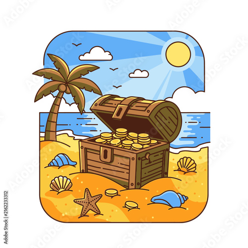Treasure Chest Filled With Gold Coins on a Tropical Beach.