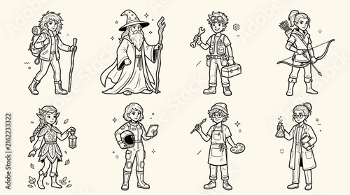 Fantasy RPG character class line art vector set wizard warrior archer doodle illustration