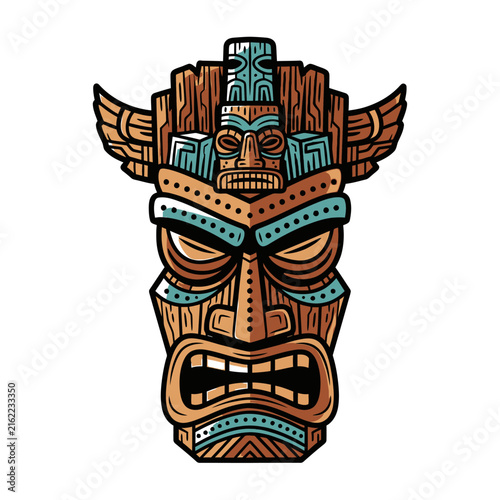 Tribal Tiki Mask with Fierce Expression and Wooden Texture.
