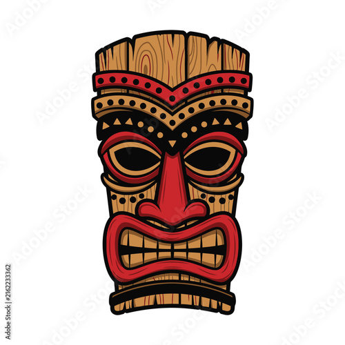 Tribal Tiki Mask with Red Face and Wooden Texture.