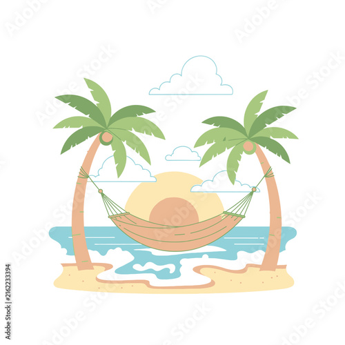 Tropical beach scene with hammock between two palm trees.