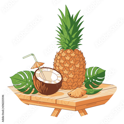 Tropical Fruits on Wooden Table with Pineapple Coconut and Ginger.