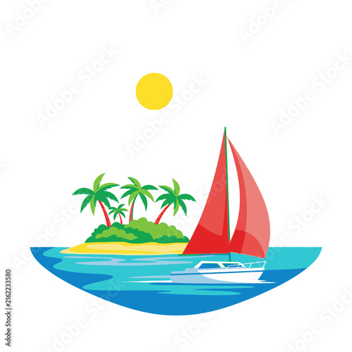 Tropical Island Paradise with Sailboat and Palm Trees.