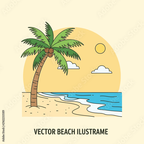 Tropical Palm Tree on a Sandy Beach with Ocean Waves.