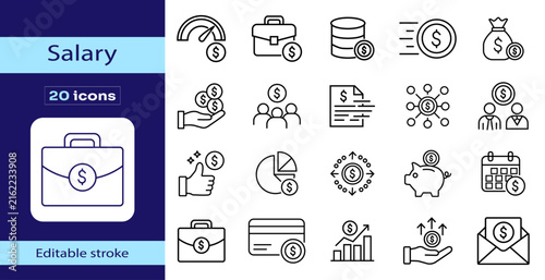 Salary and payroll editable stroke icon set featuring employee wages, income, compensation, payment, money, finance, earnings, benefits, business and workforce symbols.