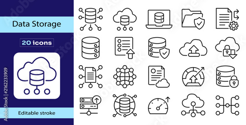 Data storage editable stroke icon set featuring database, cloud backup, server, file security, upload, network, synchronization and digital storage management symbols.
