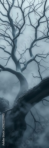 Eerie mist swirls around gnarled tree branches, gothic, fog