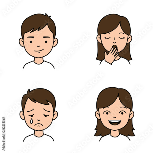 Four Cartoon Faces Happy Sad Neutral and Yawning Expressions with Brown Hair.
