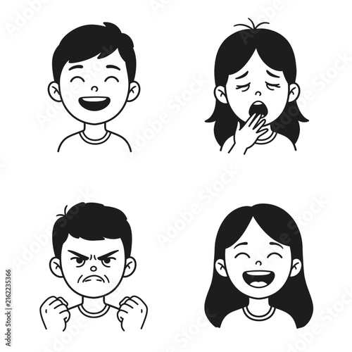 Four Cartoon Faces Joyful Boy Yawning Girl Angry Boy and Happy Girl.