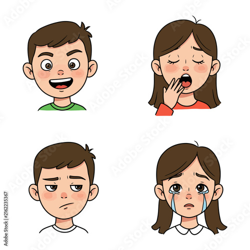 Four Cartoon Faces Joyful Boy Yawning Girl Annoyed Boy Crying Girl.