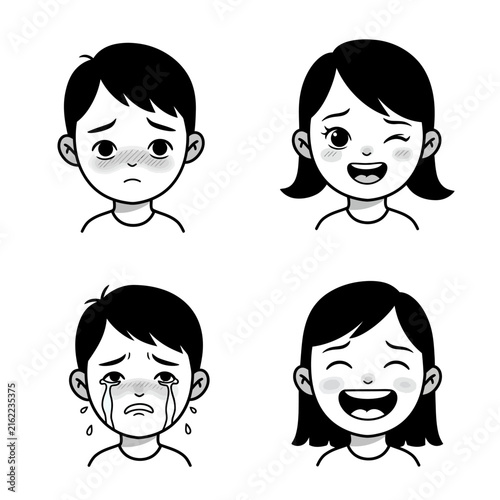 Four Cartoon Faces Sad Boy Winking Girl Crying Boy and Laughing Girl.