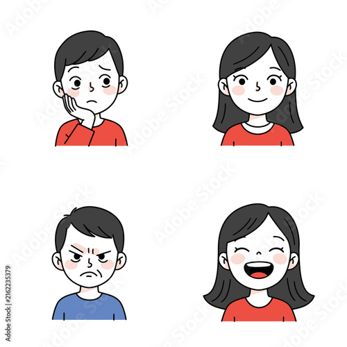 Four Cartoon Faces Sad Boy Smiling Girl Angry Boy and Laughing Girl.