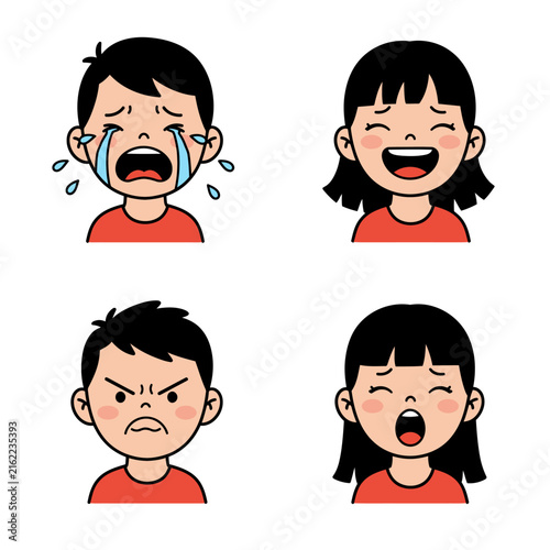 Four cartoon faces showing different emotions crying laughing angry and yawning.