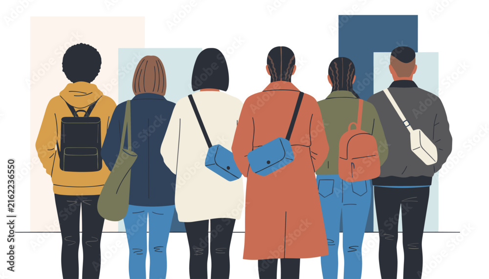 Obraz premium Rear view of six diverse young people wearing casual clothing and backpacks standing together in a line.