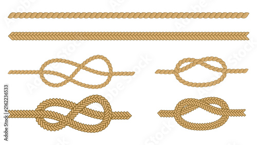 Set of nautical rope knots and straight cord segments isolated on white background