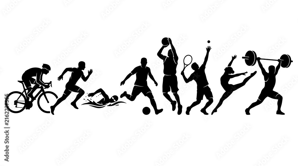 Obraz premium Black silhouettes of athletes practicing various sports like cycling running swimming soccer basketball and weightlifting