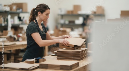 A diligent professional meticulously assembling cardboard boxes in a bustling warehouse