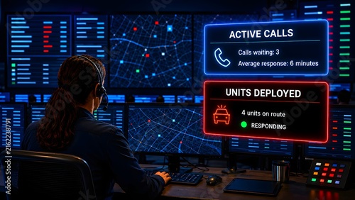 Emergency dispatch dashboard showing active calls and unit deployment
