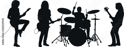 Foto Rock band silhouette set featuring musical group with electric guitarists bassis