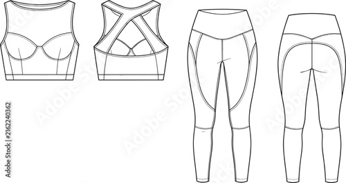Bild auf Leinwand Women's activewear set technical fashion flat sketch vector template with sports