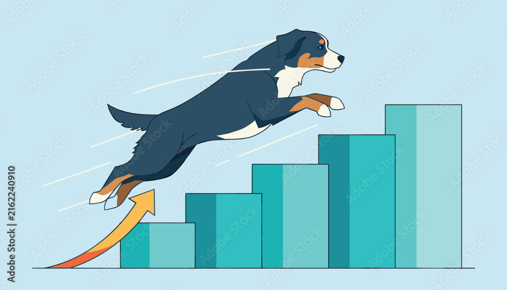 Fototapeta premium Energetic bernese mountain dog jumping up a rising business bar chart representing growth and success.