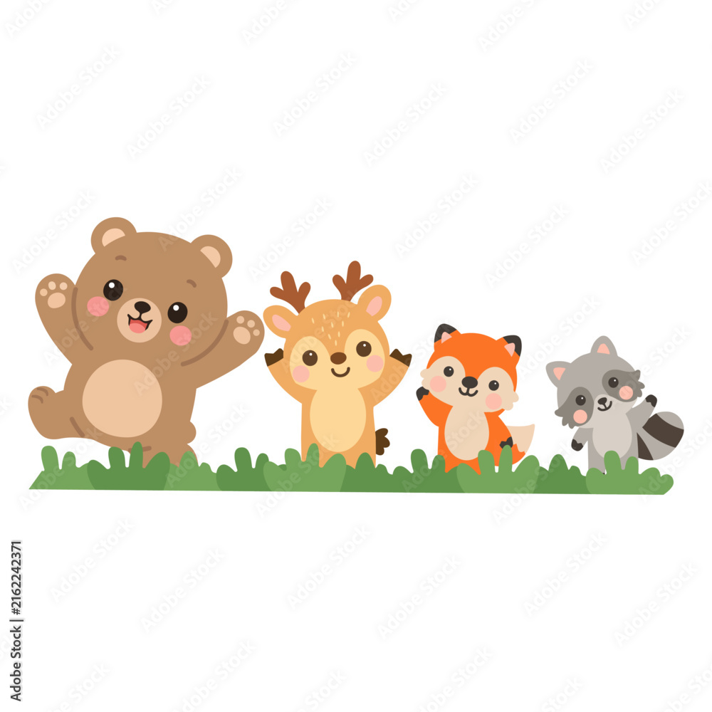 Fototapeta premium Forest animals bear deer fox and raccoon in grass