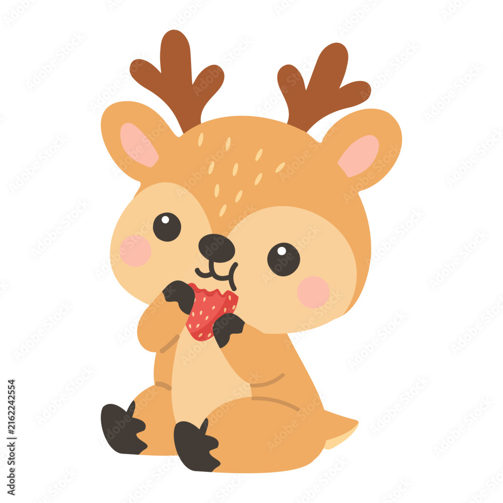 Fototapeta premium Little fawn with antlers enjoying a fresh strawberry