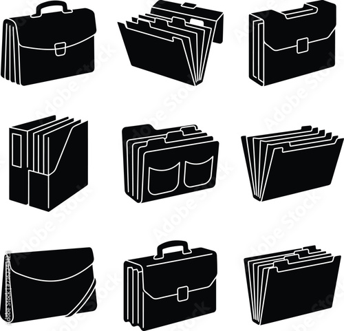 Set of Isometric Office Folder and Briefcase Icons for Document Organization and Business Management
