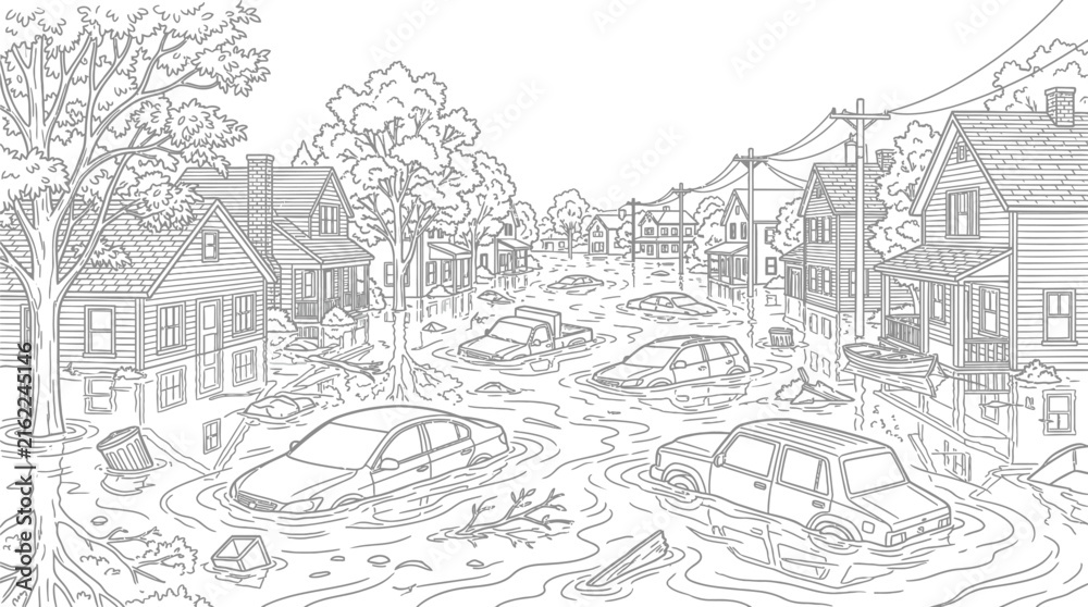 Fototapeta premium Flooded residential street scene depicted in a detailed line drawing style