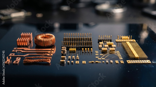 Various golden electronic components neatly arranged on a reflective dark surface