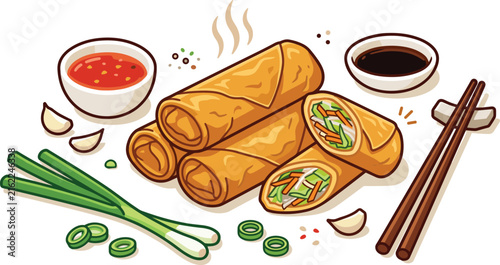 Fried spring rolls vector illustration set with crispy egg rolls dipping sauce chopsticks green onions garlic and soy sauce for asian food menu