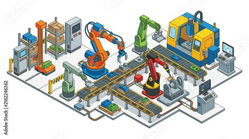 Isometric factory assembly line with robotic arms and conveyor belts