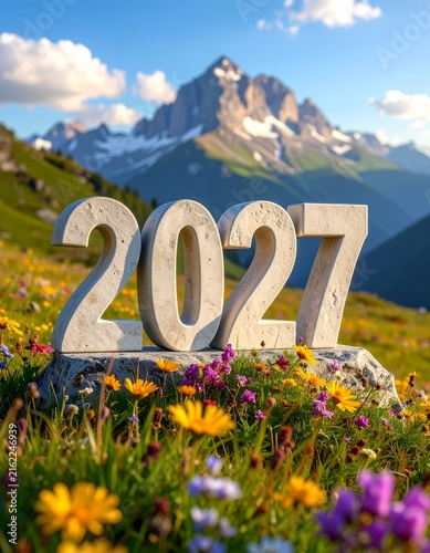 3D stone numbers of year 2027 on a scenic alpine flower meadow with mountains