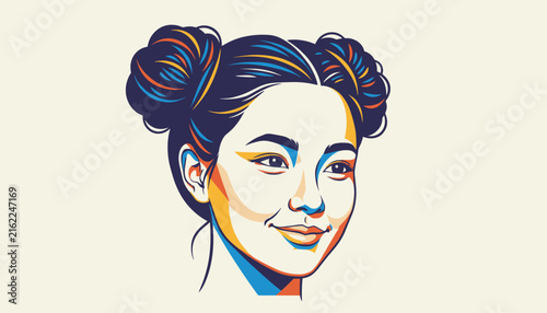 Colorful pop art vector portrait of a beautiful smiling young Asian woman with stylish double space buns.