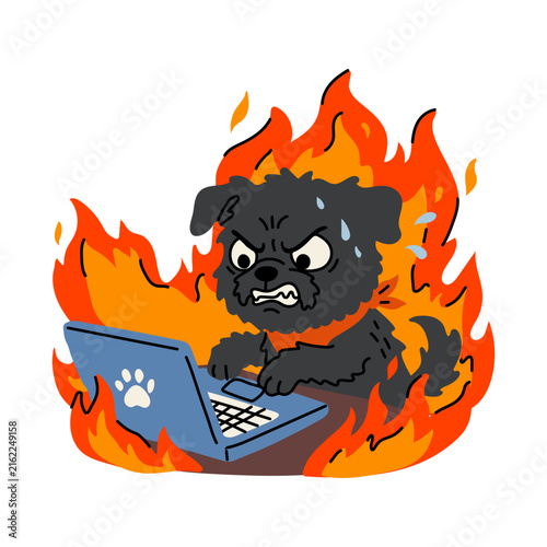 Stressed Dog Working on Laptop with Flames